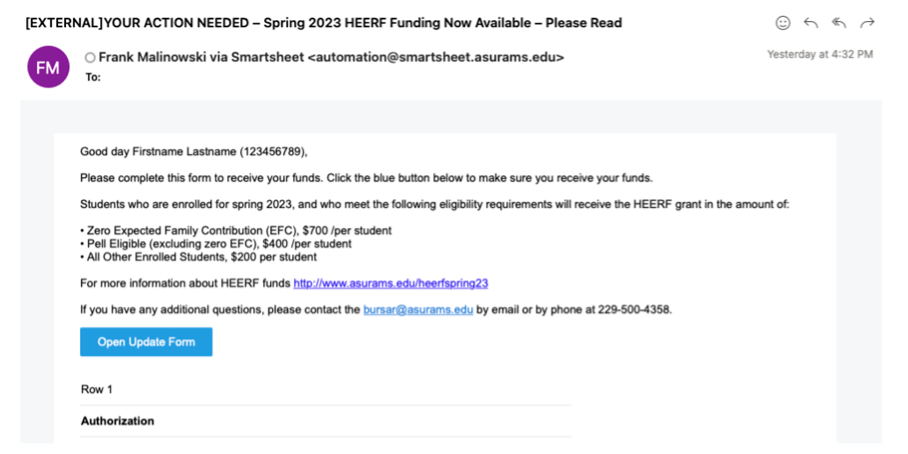 HEERF Email Example