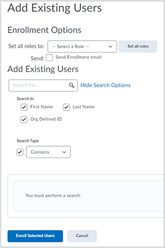 The Add Existing Users page prior to the additional search filter