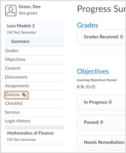 The User Progress screen (Classlist>User drop-down menu > User Progress)