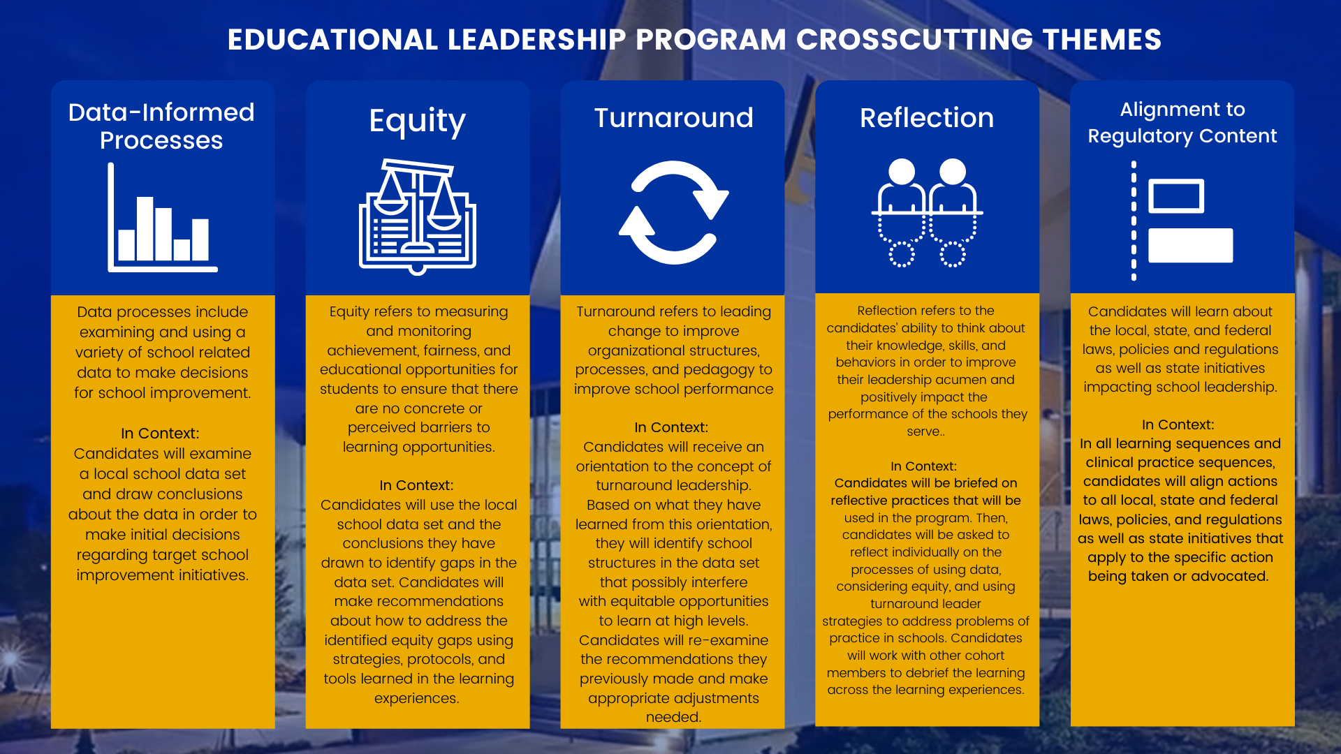 Educational Leadership Program Crosscutting Themes Infographic