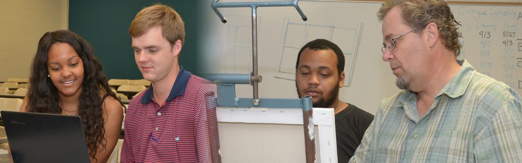 Merged image of students at a computer and students in the art lab