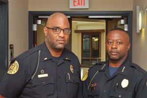 Albany State University Police Officers Lt. Brian Covington and Chief Fields don a beard and goatee the no-shave December fundraising initiative.