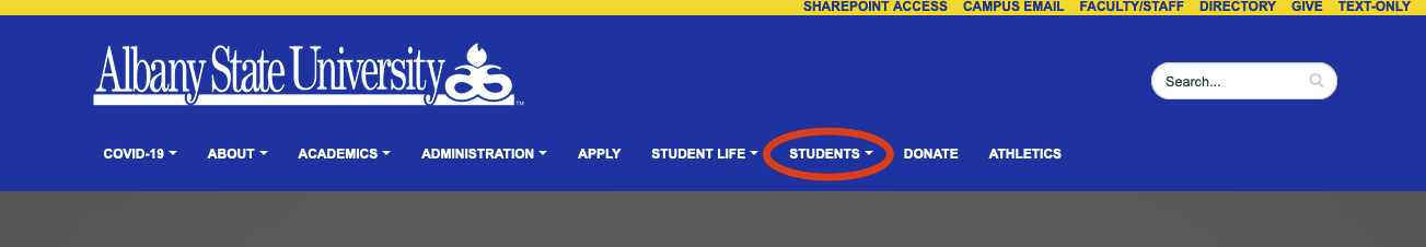 Screen Shot of the ASU Home page with the 'Students' link circled at the top of the page.